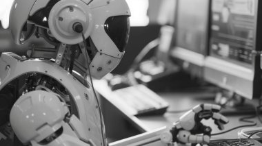 Çağrı merkezi asistanı olarak çalışan ve müşterilere yardım eden robotun siyah beyaz resmi müşteri hizmetleri, çoklu görev ve ürün bilgisi gibi beceriler gerektirir. AIG43.