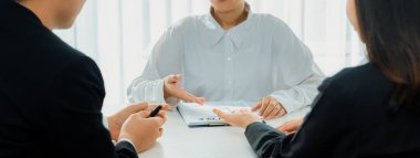 Kariyer hedefini tartışmak ve özgeçmiş ve deneyimi değerlendirmek için işe alım başvurusunda bulunan bir şirket çalışanı. Kariyer fırsatı için iş görüşmesi ve İK yöneticisi konsepti. Panorama Kurnazlığı