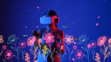 Meta bahçe dünyasında VR giyen bir kadın metatik sihirli dünya fantazisi neon mavi yaratıcılık konseptiyle uçan kelebek ve çiçeklerle Harikalar Diyarı 'na transfer oluyor. Halüsinasyon.
