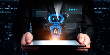 Yapay zeka sanal asistanı Chatbot ile yapay zeka konsepti ile insan etkileşimi, yapay zeka mühendisliği, LLM yapay zeka derin öğrenimi iş desteği için üretken yapay zeka kullanımı. FaaS