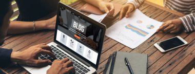 blogging concept, web blog Social Media Information network snugly. social media online content, freelance worker, working online, content creator, blogger, website, reading blog online on computer