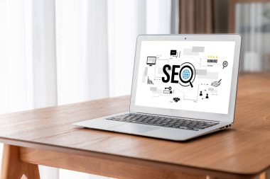 Model e-ticaret için SEO arama motoru optimizasyonu ve bilgisayar ekranında gösterilen çevrimiçi perakende işi