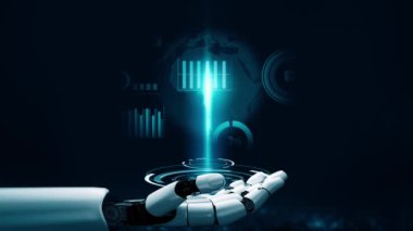 MLP Fütürist robot yapay zeka devrimci yapay zeka teknoloji geliştirme ve makine öğrenme kavramı. İnsan hayatının geleceği için küresel robot biyonik bilim araştırması. 3B görüntüleme grafiği