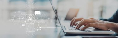 Yapay zeka sanal asistanı Chatbot ile yapay zeka konsepti ile insan etkileşimi, yapay zeka mühendisliği, LLM yapay zeka derin öğrenimi iş desteği için üretken yapay zeka kullanımı. EIDE
