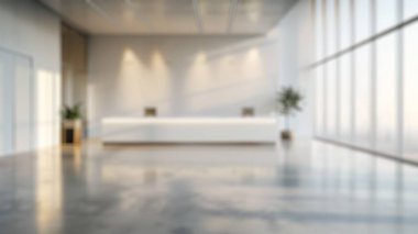 Beyaz mobilyaları ve geniş pencereleri olan parlak ofisin bulanık arka planı. Modern beyaz salon ya da lobi. Minimalist ve modern iş yeri tasarımı. Poster, duvar kağıdı, afiş, başlık için tasarım. Aktar.