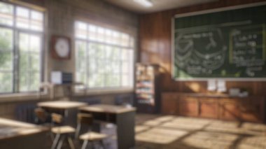 Masayla çevrili kitaplarla dolu büyük pencereli ve ahşap raflı geleneksel kütüphane arkaplanı bulanık. Eğitim ve eğitim kavramı. Posterler, duvar kağıtları için tasarım. Aktar.