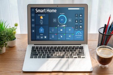 Smart home technology, centric remote control system with digital dashboard for air conditioning, safety security network or house automation. App software, ui panel programming IOT monitor snugly