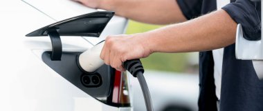 Yolculuk sırasında doğal orman ya da milli parktaki elektrikli araba için şarj olan bir adam. Tatil ve tatil boyunca çevre dostu seyahat. Panorama Sancağını Yükselt