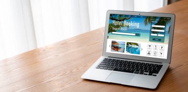 Çevrimiçi otel konaklama rezervasyon sitesi mod rezervasyon sistemi sağlar. Seyahat teknolojisi kavramı .