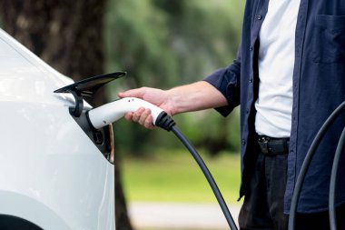 Yolculuk sırasında doğal orman ya da milli parktaki elektrikli araba için şarj olan bir adam. Tatil ve tatil boyunca çevre dostu seyahat. Yükselt
