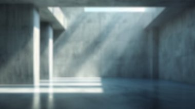 Beton mimari binanın arka planında güneş ışınları parlıyor. Çatı penceresi olan boş beton oda. Endüstriyel mimari ve minimalist tasarım. Poster için tasarım, duvar kağıdı. Aktar.