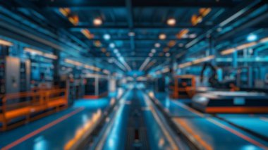 Otomatik montaj hattındaki endüstriyel robotik silahların bulanık arka planı ya da yüksek teknoloji bir fabrikada üretim hattı. Gelecekçi üretim ve otomasyon teknolojisi konsepti. Poster için tasarım. Aktar.