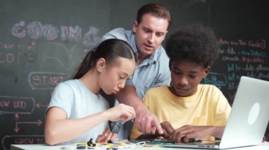 Kafkas öğretmeni elektrikli aletten bahsederken öğrenci de elektronik ekipmanlarla robot modelini tamir ediyor. Çeşitli akademik çocuklar ana kurul yapısını öğreniyor. Öğretim