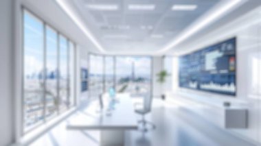 Yeşillik ve parlak doğal ışık ile çağdaş ofisin bulanık arka planı. Ofis içi fotoğrafçılık. Sürdürülebilir iş ortamı konsepti. Çevre dostu ofis alanları için tasarım. Aktar.