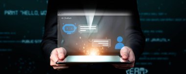 Yapay zeka sanal asistanı Chatbot ile yapay zeka konsepti ile insan etkileşimi, yapay zeka mühendisliği, LLM yapay zeka derin öğrenimi iş desteği için üretken yapay zeka kullanımı. FaaS