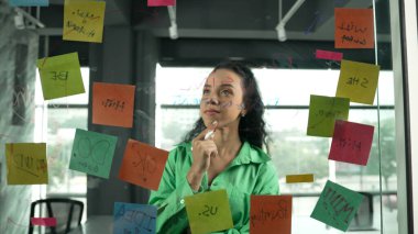 Pazarlama fikrini düşünen yetenekli, genç ve güzel İspanyol proje yöneticisinin portresi. Ofisteki cam tahtada yapışkan notlar kullanarak iş planı yapan profesyonel bir iş kadını. Yönlendirici.