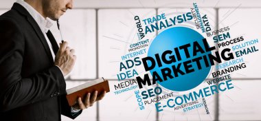 Çevrimiçi İş Konsepti için Dijital Pazarlama Teknolojisi Çözümü - Sosyal medya üzerinden dijital reklam platformu üzerinde çevrimiçi pazar tanıtım stratejisinin analitik diyagramını gösteren grafik arayüzü. uds