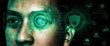 Geleceğin siber güvenlik veri koruması insan gözüyle tarama yaparak özel dijital verilere erişim sağlayacak. Gelecekteki teknoloji yenilik kavramı. uds