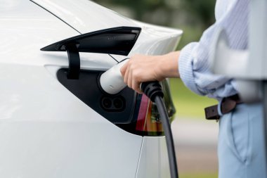 Yolculuk sırasında doğal orman ya da milli parktaki elektrikli araba için şarj olan genç bir kadın. Tatil ve tatil boyunca çevre dostu seyahat. Yükselt