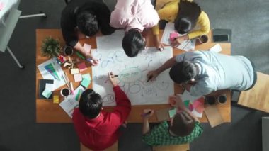 İş adamlarından oluşan bir grup toplantıda pazarlama fikrinin beyin fırtınası için yazı yazıyor ve zihin haritası yapıyorlar. Renkli işaret kullanarak yatırımcı paylaşım planı veya stratejisinin en üst hava görüşü. Zaman aşımı. Cemaat.