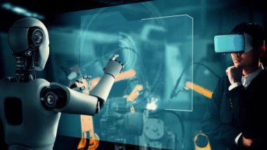 MLP Sanayi Robotu ve insan işçileri gelecekteki fabrikada birlikte çalışıyorlar. Sanayi devrimi ve otomasyon üretim süreci için yapay zeka kavramı.