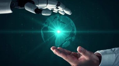 MLP Fütürist Robot Yapay Zeka, yapay zeka, yapay zeka, teknoloji geliştirme ve makine öğrenme kavramlarını aydınlatıyor. İnsan hayatının geleceği için küresel robot biyonik bilim araştırması. 3B görüntüleme grafiği.