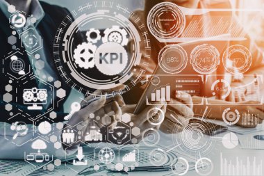 KPI İş Konsepti Performans Göstergesi - KPI yönetimi için iş hedefi değerlendirme sembolleri ve analitik numaralar gösteren modern grafik arayüzü. uds