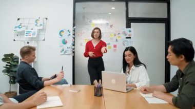 Genç liderin kapanışı, proje hakkında beyin fırtınası yapan meslektaşı ve proje yöneticisi tarafından çevrelenmiş zihin haritası ve renkli yapışkan notlar kullanılarak kendinden emin bir şekilde iş projesini sunuyor. Tertemiz..