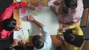 Renkli yapışkan notlarda pazarlama ve planlama stratejisi yazarken insanların yazma ve çalışma tahtası oluşturma konusunda üst düzey bir bakış açısı. Akıllı takım Kanaban tahtasını kullanarak iş performansını yönetir. Cemaat.