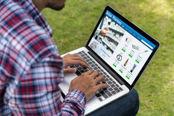 on pharmacy online store on computer screen for shopping for medical products drugs and medicine snugly