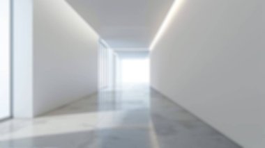 Işıklı ve geniş pencereli minimalist beyaz koridorun bulanık arka planı. En az tarzla boş temiz bir koridor. Çağdaş iç mimari konsepti. Duvar kâğıdı ve afiş için tasarlandı. Aktar.