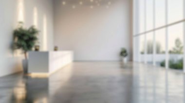 Beyaz mobilyaları ve geniş pencereleri olan parlak ofisin bulanık arka planı. Modern beyaz salon ya da lobi. Minimalist ve modern iş yeri tasarımı. Poster, duvar kağıdı, afiş, başlık için tasarım. Aktar.