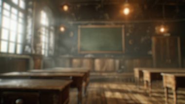 Masayla çevrili kitaplarla dolu büyük pencereli ve ahşap raflı geleneksel kütüphane arkaplanı bulanık. Eğitim ve eğitim kavramı. Posterler, duvar kağıtları için tasarım. Aktar.