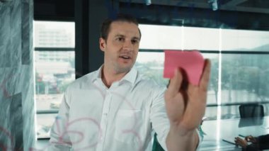 Kafkasyalı iş adamı, iş dünyası toplantısı sırasında cam duvara yapışkan notlar yapıştırırken fikirlerini paylaşıyor. Birlikte çalışmak, beyin fırtınası yapmak, tartışmak, planlamak, fikir paylaşmak, strateji. Yönlendirici.