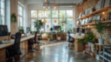 Modern ofisteki toplantı odasının bulanık arka planı. Geniş ofis lobisi, oturma alanı ve modern dekorasyonu var. Çağdaş ticari iç tasarım. Poster, duvar kağıdı ve afiş için tasarım. Aktar.