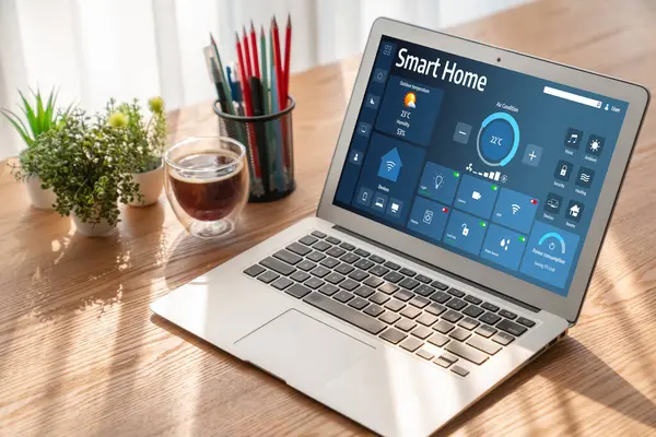 Smart home technology, centric remote control system with digital dashboard for air conditioning, safety security network or house automation. App software, ui panel programming IOT monitor snugly