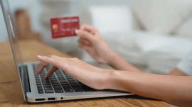 Kadın alışverişi ya da internet pazarında online ödeme modern yaşam tarzı için satılık eşyalar arıyor ve canlı siber güvenlik yazılımı tarafından korunan cüzdandan çevrimiçi ödeme için kredi kartı kullanıyor