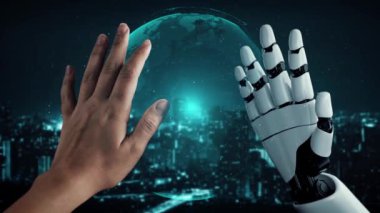 MLP Fütürist Robot Yapay Zeka, yapay zeka, yapay zeka, teknoloji geliştirme ve makine öğrenme kavramlarını aydınlatıyor. İnsan hayatının geleceği için küresel robot biyonik bilim araştırması. 3B görüntüleme grafiği.