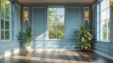 Zarif yatak odasının arka planı bulanık ve doğal ışık. Mobilyalı modern yatak odası tasarımı. Lüks ev iç tasarımı. Poster, duvar kağıdı, afiş, başlık için tasarım. Aktar.