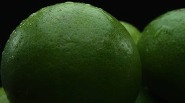 Limon dilimleri titizlikle bir yığın halinde, siyah arkaplana göre dizilmiş. Her bir kireç dilimi çarpıcı detaylar, canlı yeşil rengi ve baştan çıkarıcı dokusu ile yakalanır. Kapatın. Geliştirilebilir.