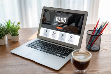 blogging concept, web blog Social Media Information network snugly. social media online content, freelance worker, working online, content creator, blogger, website, reading blog online on computer