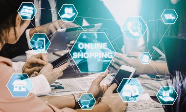 Çevrimiçi alışveriş ve İnternet Para Ödeme İşlem Teknolojisi. Modern grafik arayüzü, müşterilerin internet sitesinden ürün alıp online transferle ödeme yapacakları e-ticaret perakende mağazasını gösteriyor. uds