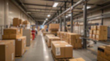 Geniş, modern bir deponun arka planı ve raflara saçılmış mallar. Endüstriyel ölçekte iç fotoğrafçılık. Lojistik ve dağıtım konsepti. Pankart için tasarım. Aktar.