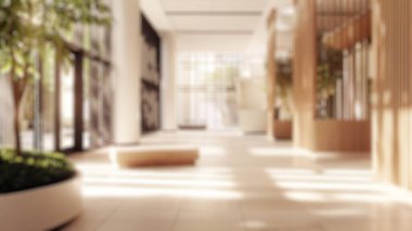 Yüksek tavanlı, mermer zeminli, gökdelenle çevrili kapalı alandaki bitkilerle süslenmiş geniş bir lobinin bulanık arka planı. Lüks mimari konsepti. İç mimari, duvar kâğıdı. Aktar.