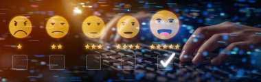 İş adamı müşteri memnuniyet değerlendirmesi verilerini analiz eder ve hizmet kalitesini artırmaya çalışır. Müşteri memnuniyeti ve sadakatini arttırmak için koz değerlendirmeleri. EIDE