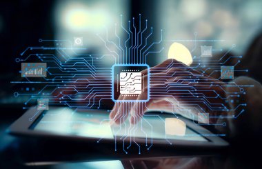 Yapay zeka mühendisliği, büyük veri ve yapay zeka makinesi kavramında yapay zeka beyin işlemcisiyle iş desteği için üretken yapay zeka kullanmayı öğrenen insan etkileşimi. EIDE