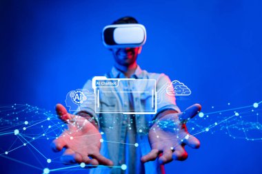 Yapay zeka sanal asistanı Chatbot ile yapay zeka konsepti ile insan etkileşimi, yapay zeka mühendisliği, LLM yapay zeka derin öğrenimi iş desteği için üretken yapay zeka kullanımı. FaaS