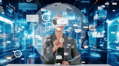 Kadın, VR küresel yenilik arayüzü aracılığıyla kayan grafik monitörü ile sunucuda dijital ağ teknolojisi görsel hologramı akıllı animasyon ile pazar dünyası dinamik veri araştırma analizi seçiyor. Kısıtlanma.