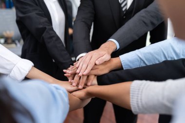 Çok ırklı iş adamları toplantı odasında iş birliği ya da şirket çalışanları için takım oluşturma amacıyla bir araya toplanıyorlar. Çok titiz.
