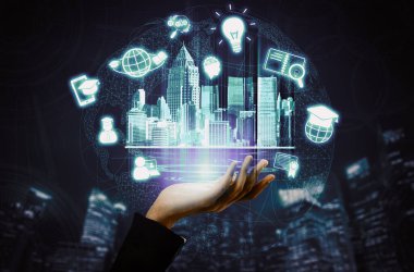 E- öğrenim ve Öğrenci ve Üniversite Konsepti Online Eğitim. Dijital eğitim kursunun teknolojisini gösteren grafik arayüzü insanların her yerden uzaktan öğrenmelerini sağlıyor. uds